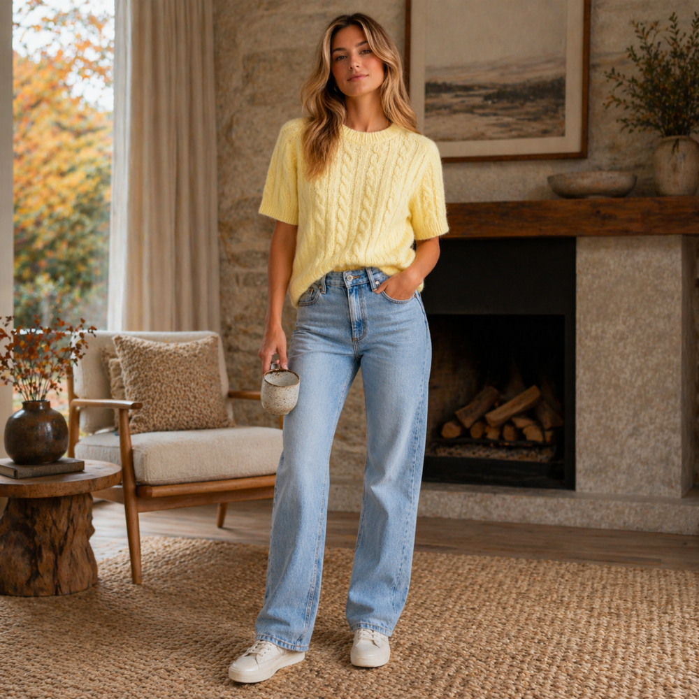 CILVELLA — Merino Wool Short Sleeve Cable Knit sweater