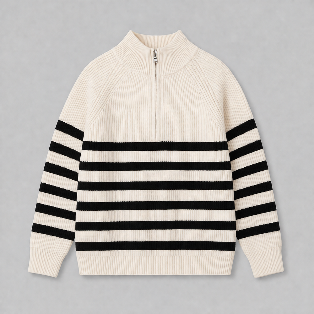 CILVELLA — Cashmere Blend Half-Zip Striped Sweater
