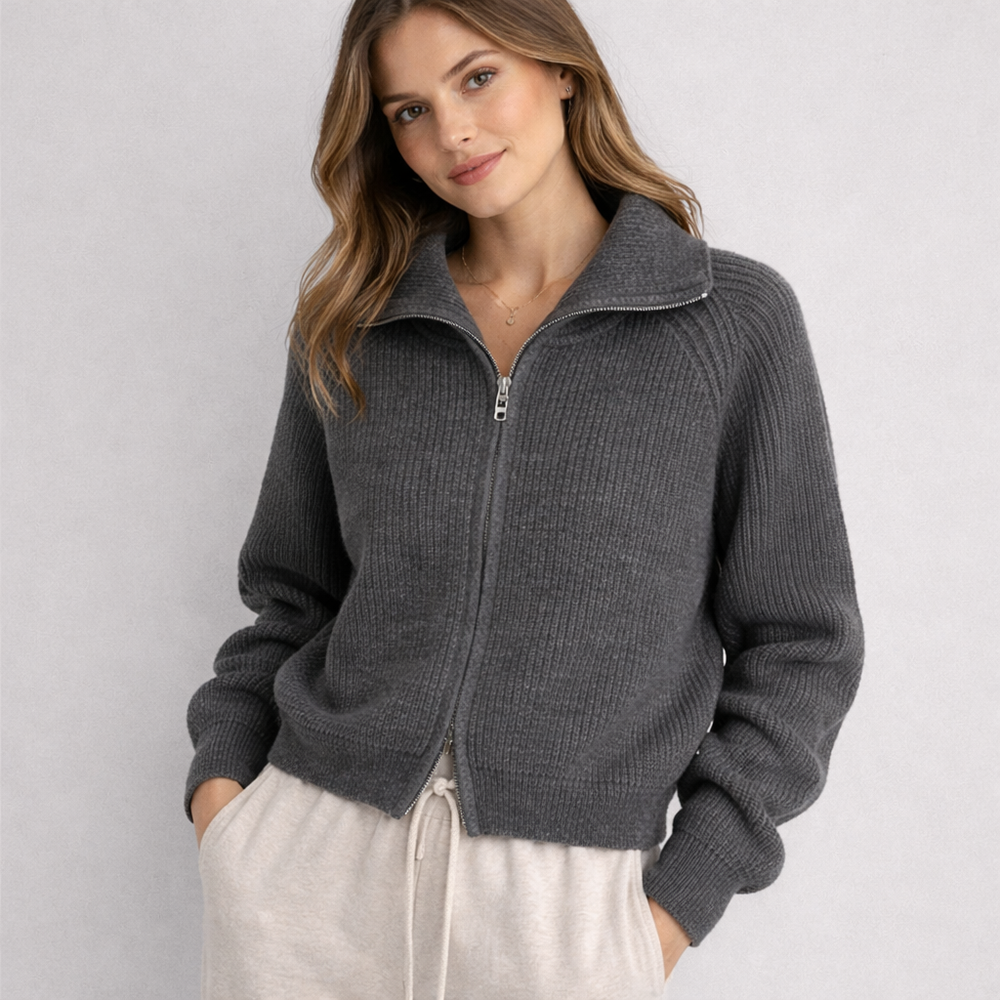 CILVELLA — Merino Wool Ribbed Zip Cardigan