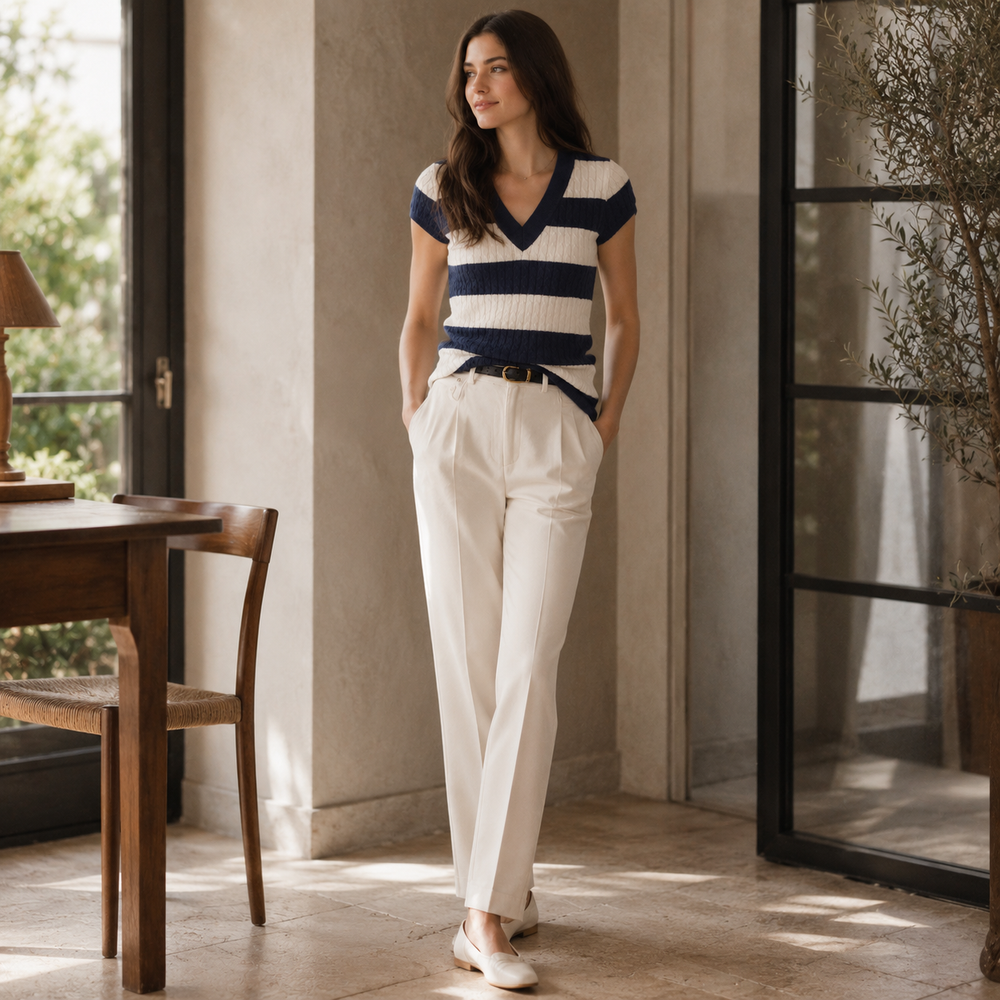 Cilvella | Tencel Lyocell Striped V-Neck Cable Knit Sweater