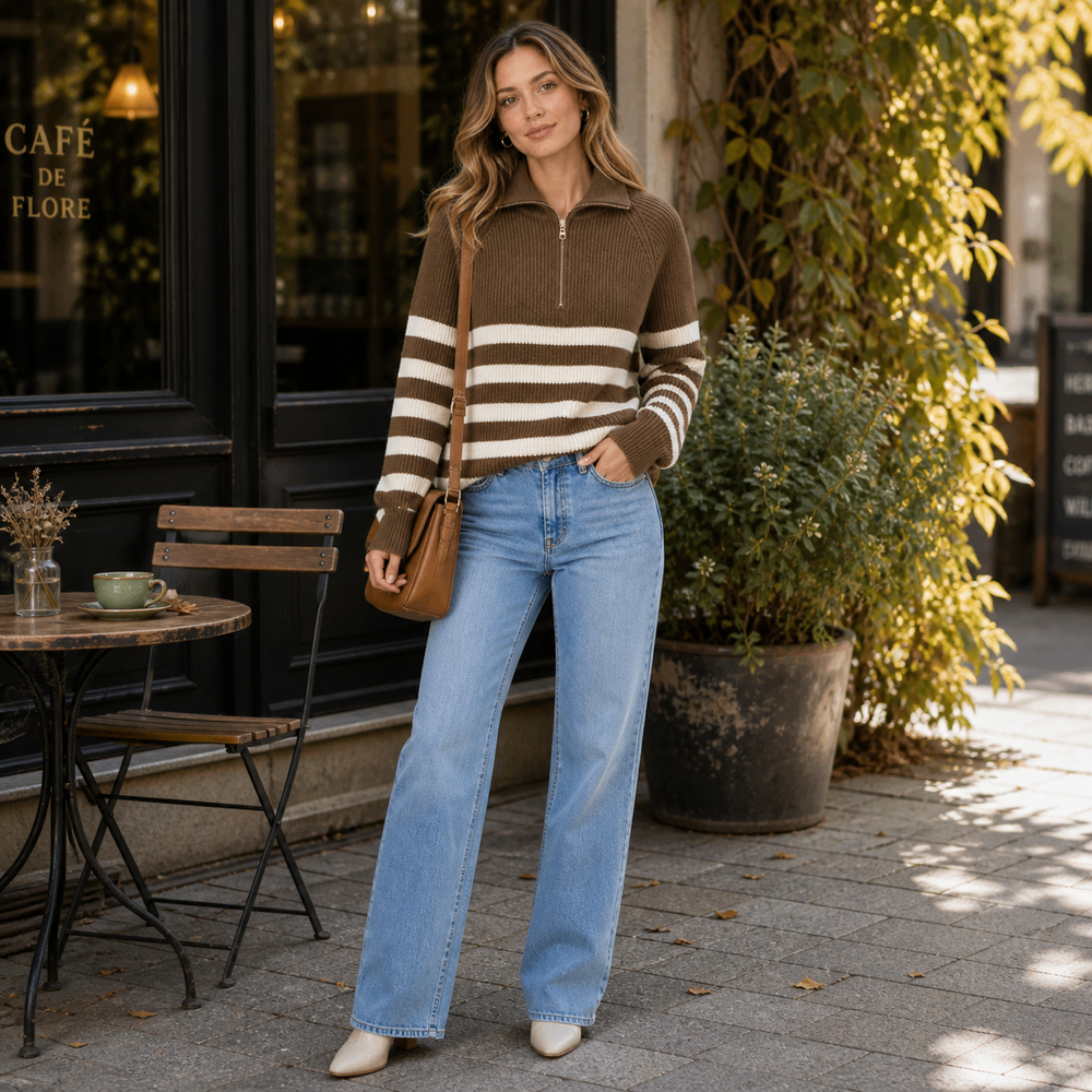 CILVELLA — Cashmere Blend Half-Zip Striped Sweater
