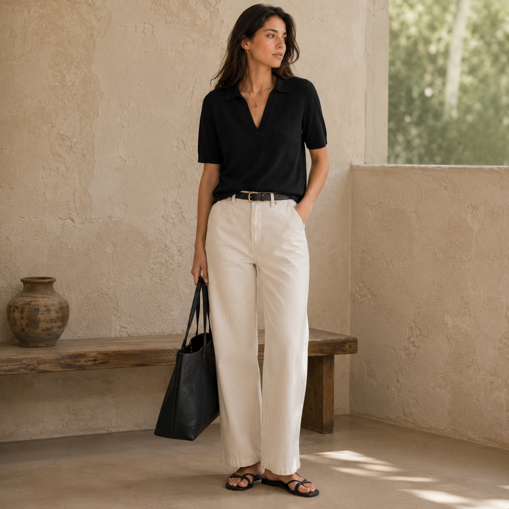 Cilvella | Tencel Lyocell Ribbed Knit Polo T-Shirt