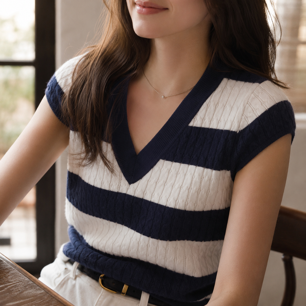 Cilvella | Tencel Lyocell Striped V-Neck Cable Knit Sweater