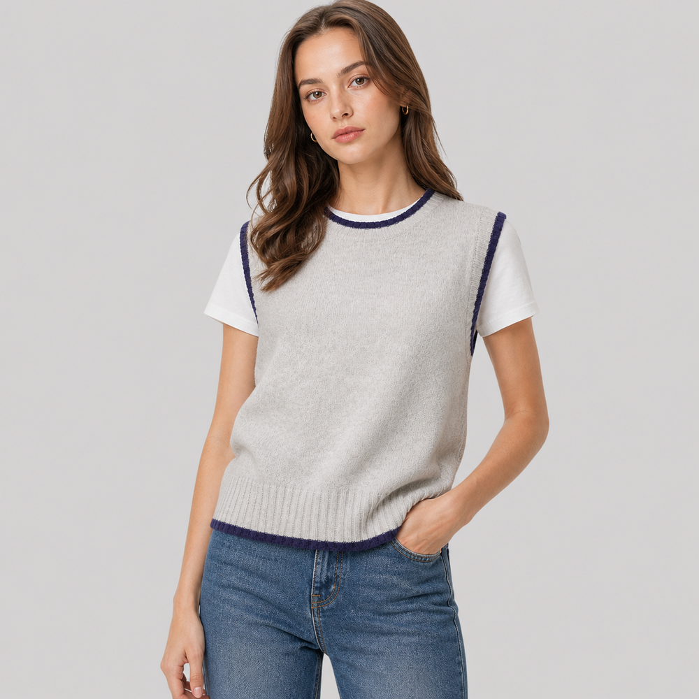 CILVELLA — Cashmere Blend Contrast Trim Knit Vest