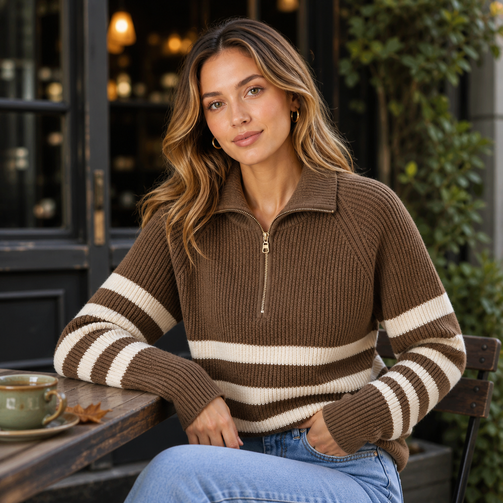 CILVELLA — Cashmere Blend Half-Zip Striped Sweater