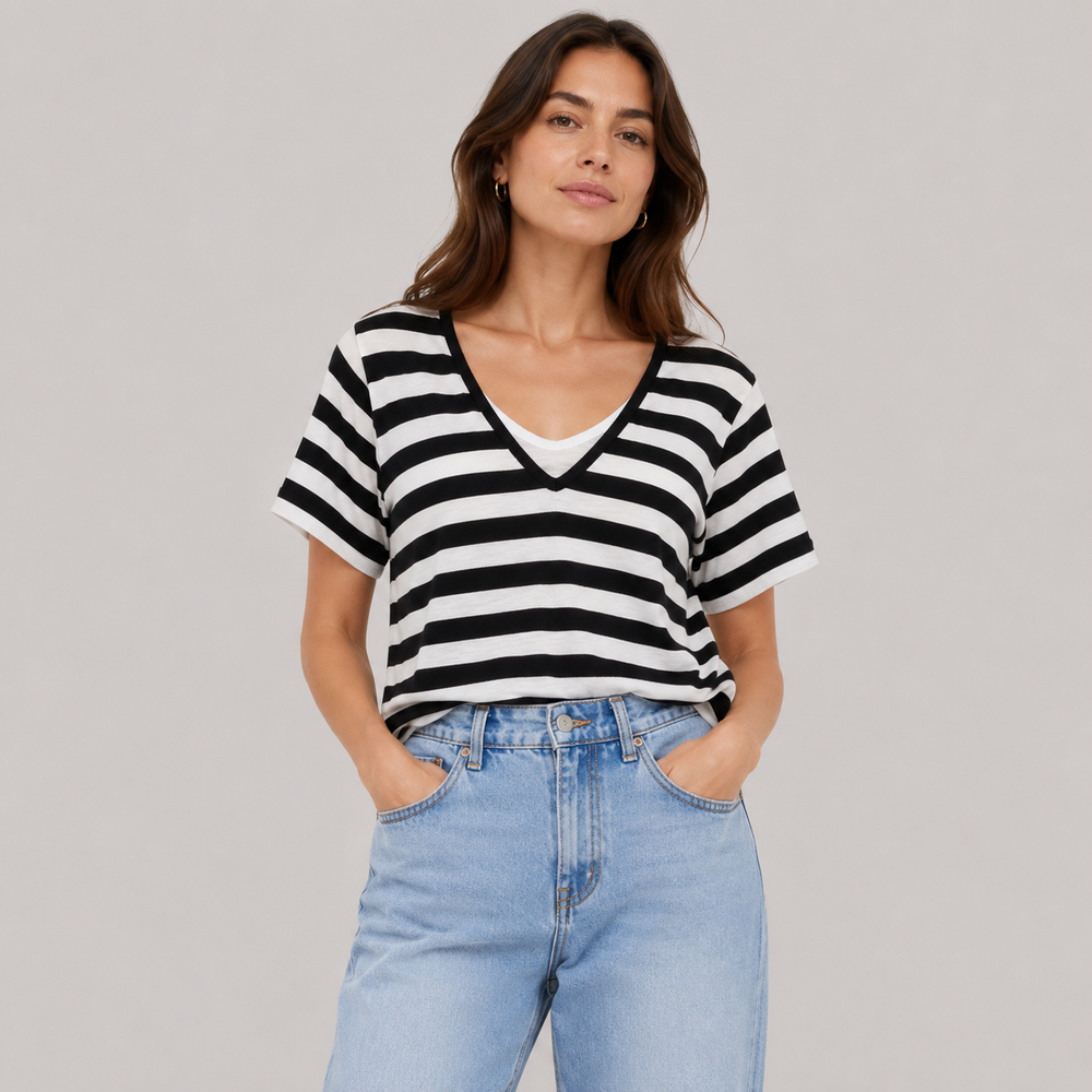 Cilvella | Tencel Lyocell Layered-Look Striped Knit T-Shirt