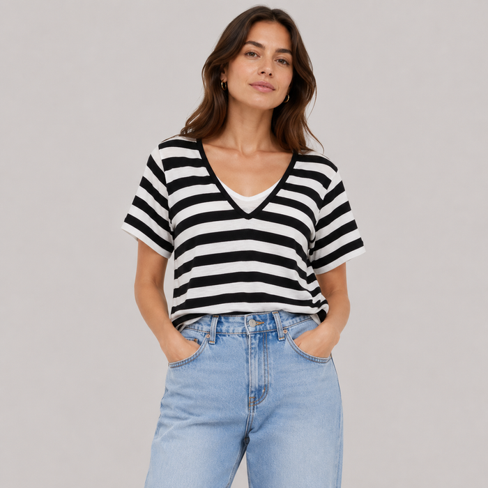 Cilvella | Tencel Lyocell Layered-Look Striped Knit T-Shirt
