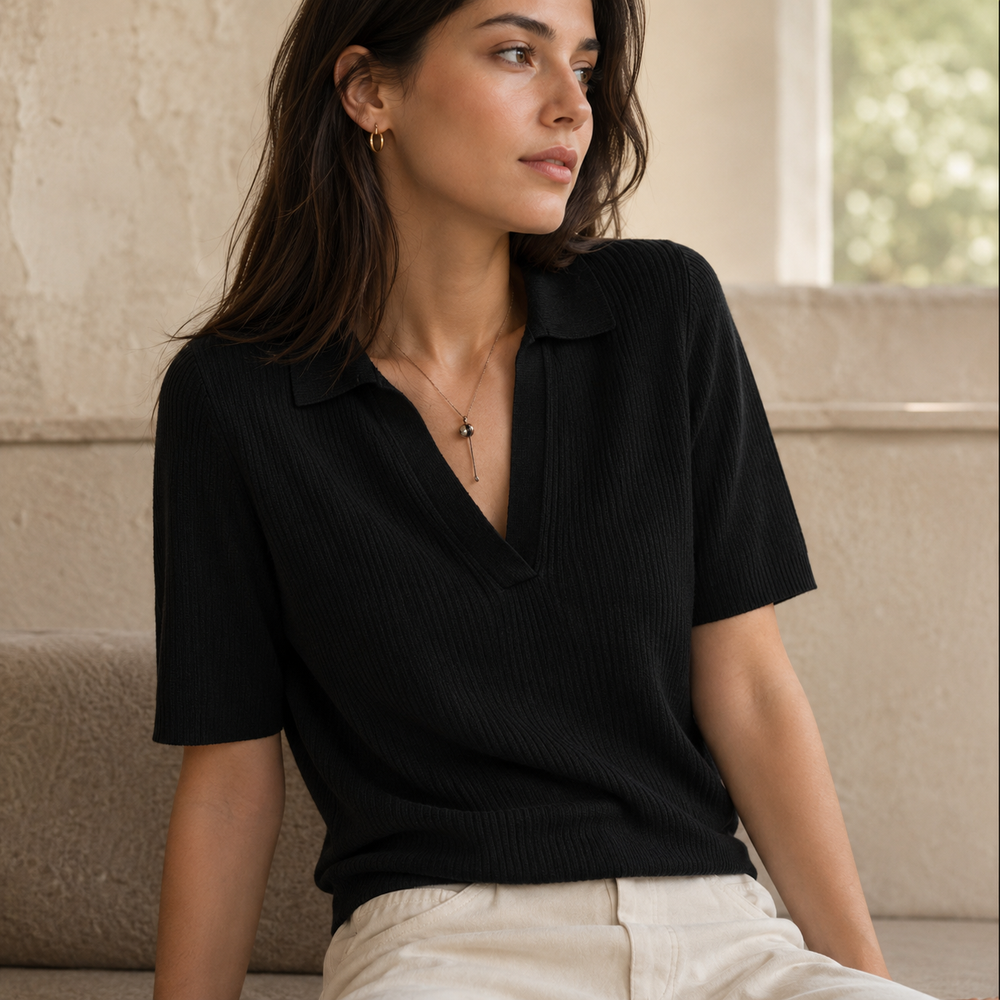 Cilvella | Tencel Lyocell Ribbed Knit Polo T-Shirt