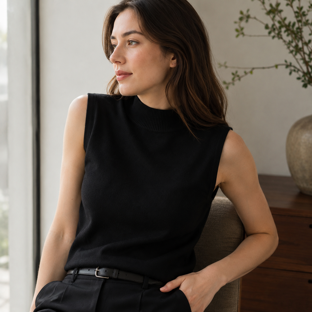 Cilvella | Tencel Lyocell Sleeveless Mock-Neck Knit Top