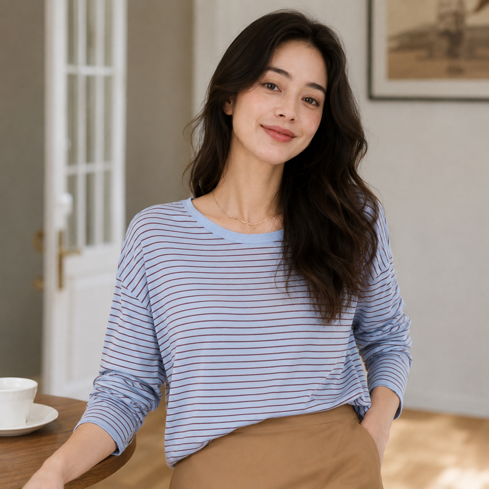 Cilvella | Tencel Lyocell Striped Knit Long Sleeve Top