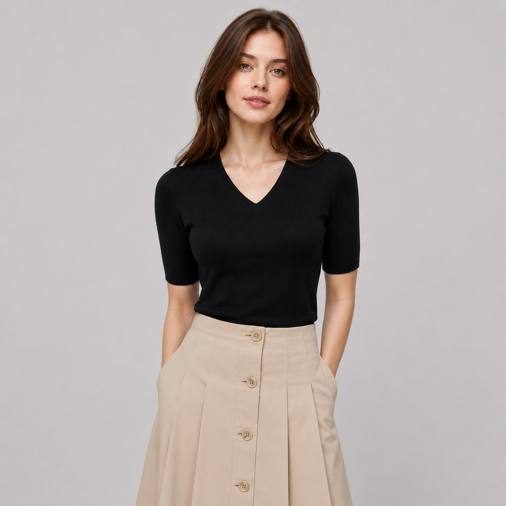 Cilvella | Tencel Lyocell Short Sleeve V-Neck Knit Top