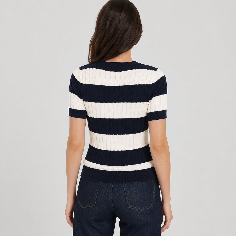Cilvella | Tencel Lyocell Striped V-Neck Cable Knit Sweater