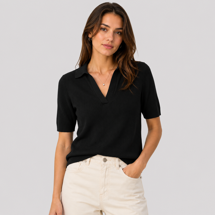 Cilvella | Tencel Lyocell Ribbed Knit Polo T-Shirt