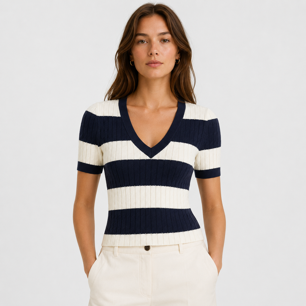 Cilvella | Tencel Lyocell Striped V-Neck Cable Knit Sweater