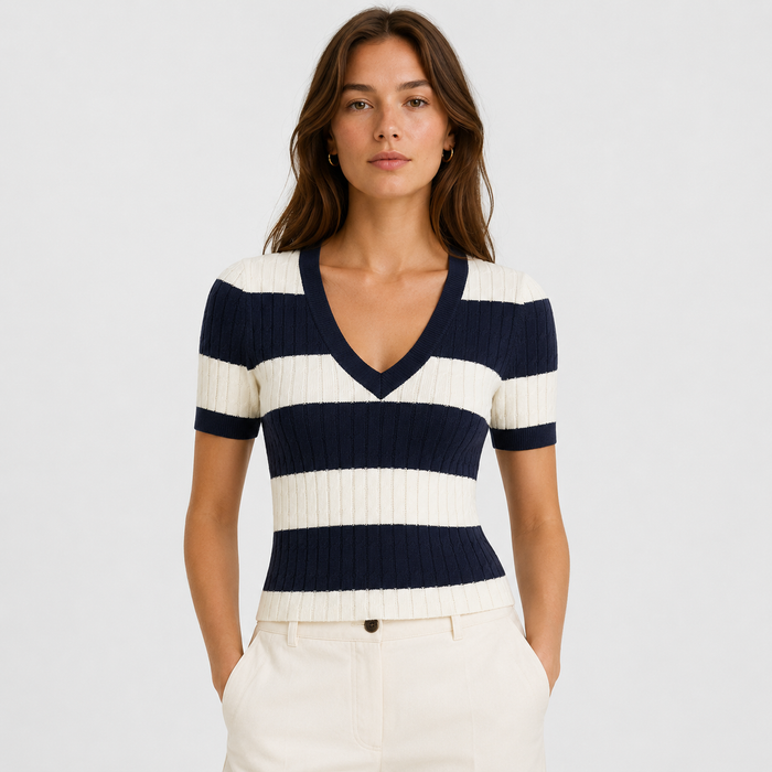 Cilvella | Tencel Lyocell Striped V-Neck Cable Knit Sweater