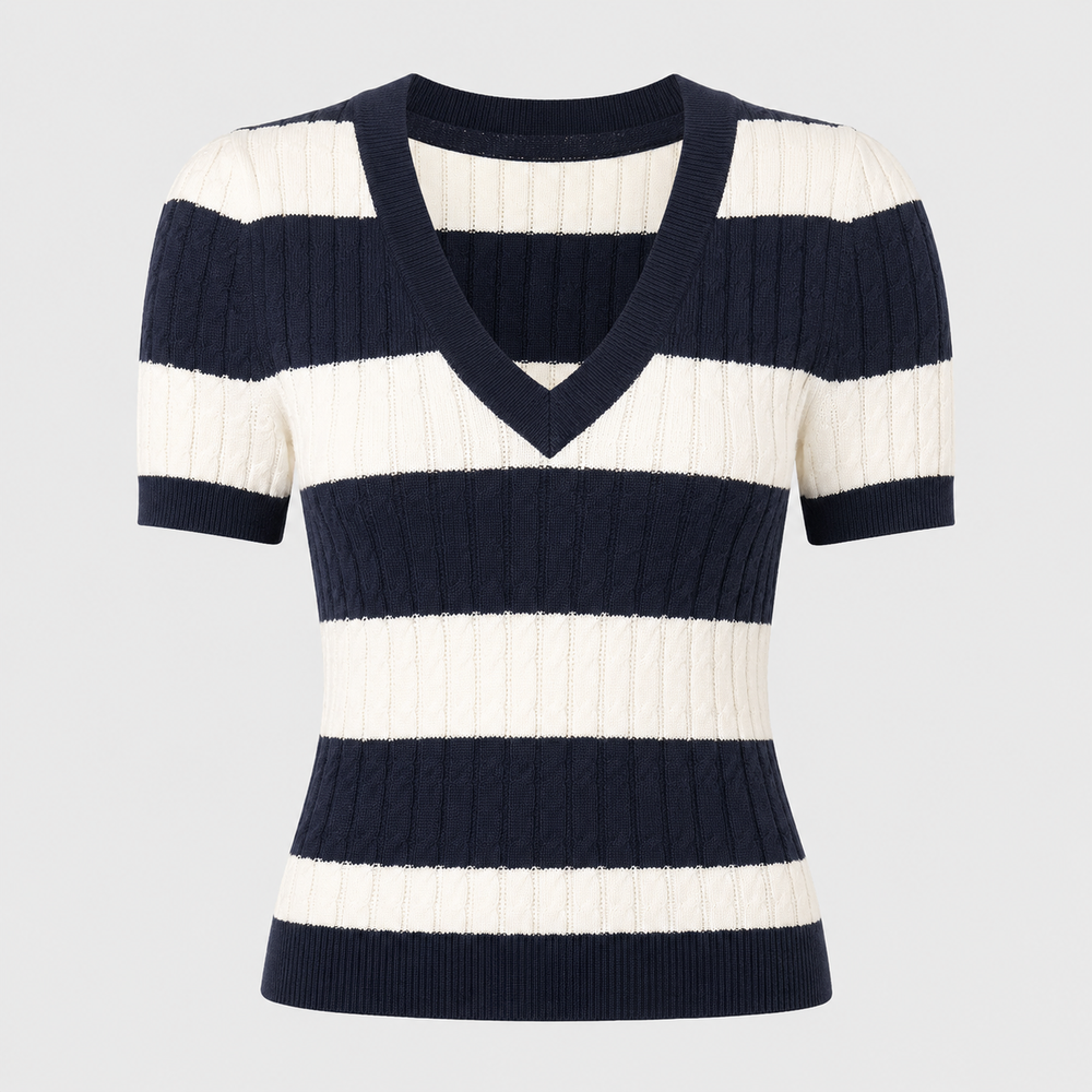 Cilvella | Tencel Lyocell Striped V-Neck Cable Knit Sweater