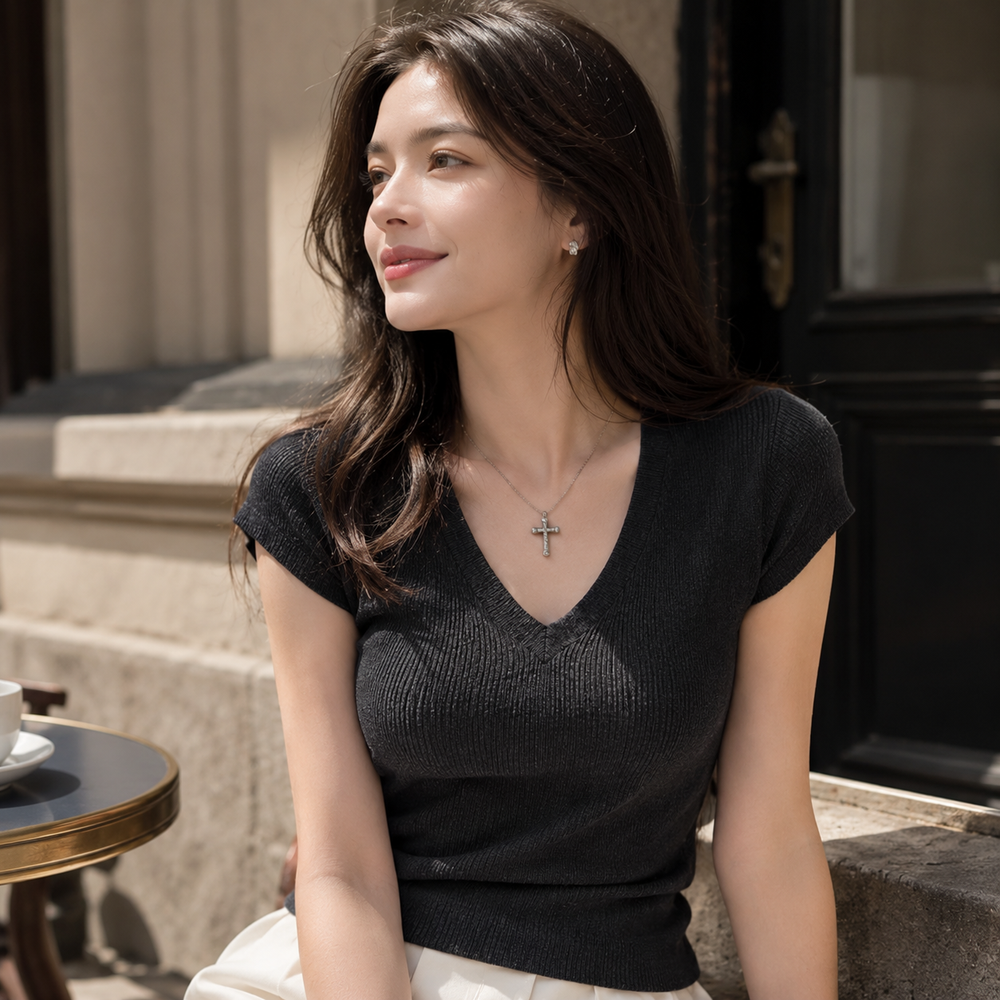 Cilvella | Tencel Lyocell V-Neck Slim Fit Knit Top