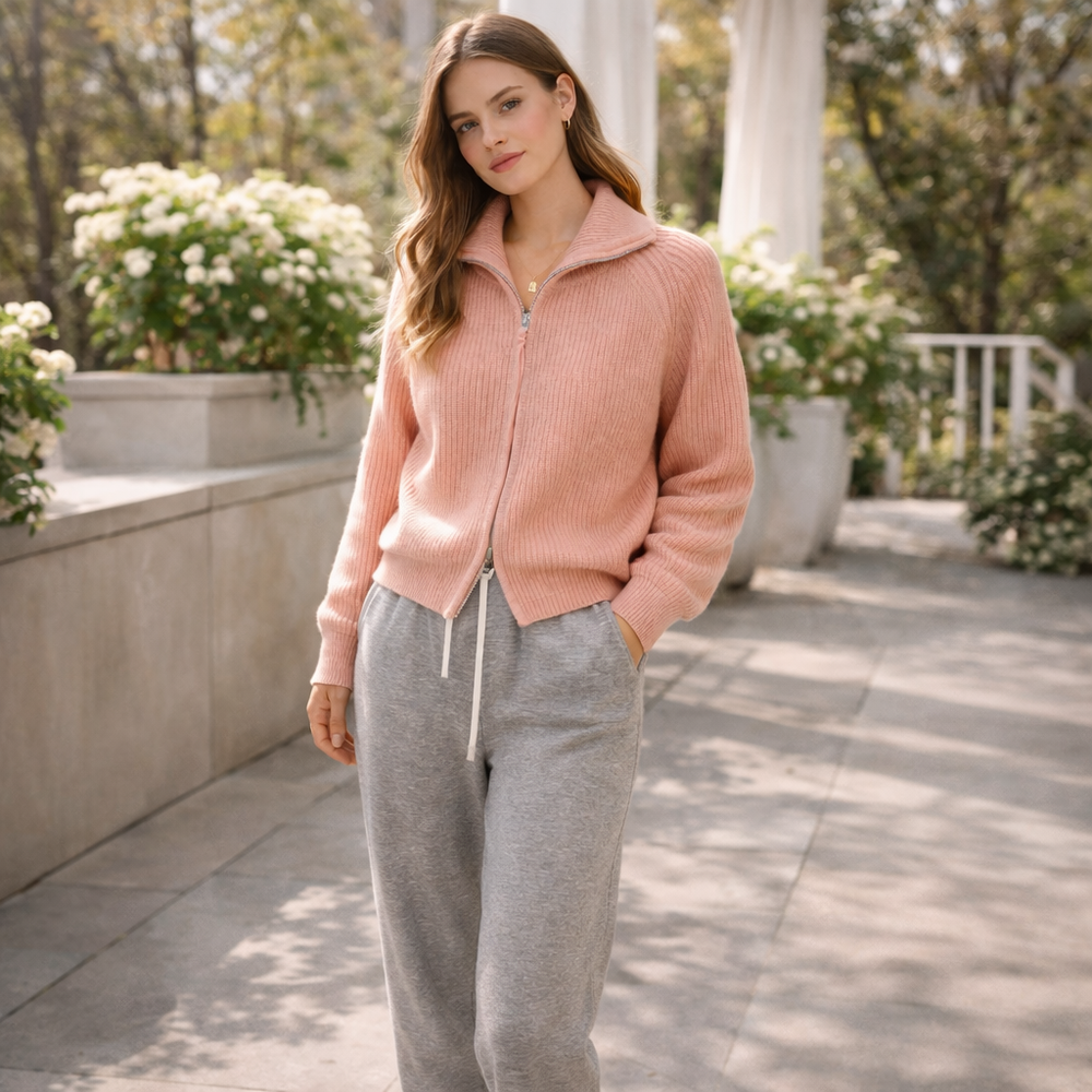 CILVELLA — Merino Wool Ribbed Zip Cardigan