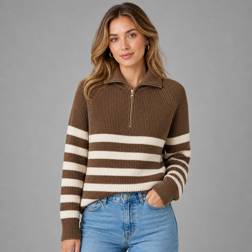 CILVELLA — Cashmere Blend Half-Zip Striped Sweater