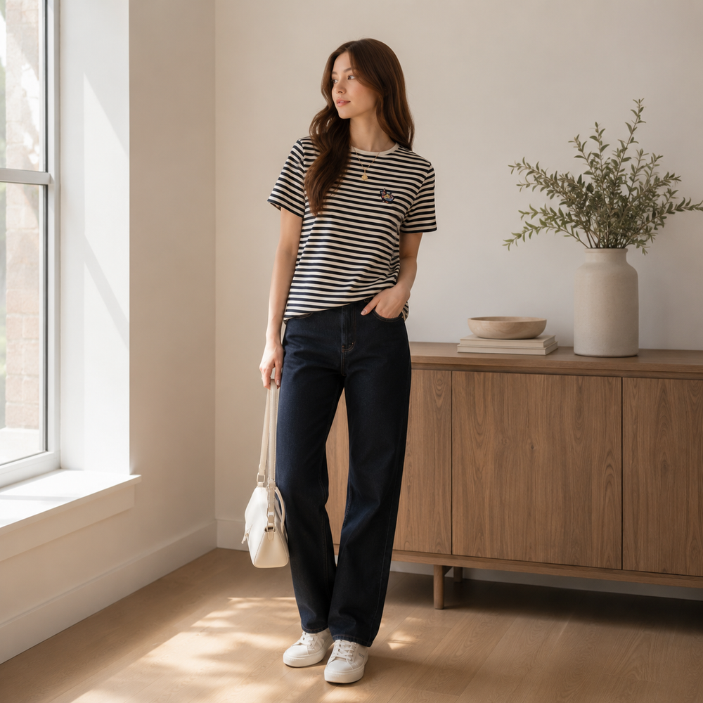 Cilvella | Tencel Lyocell Relaxed Fit Striped Knit T-Shirt