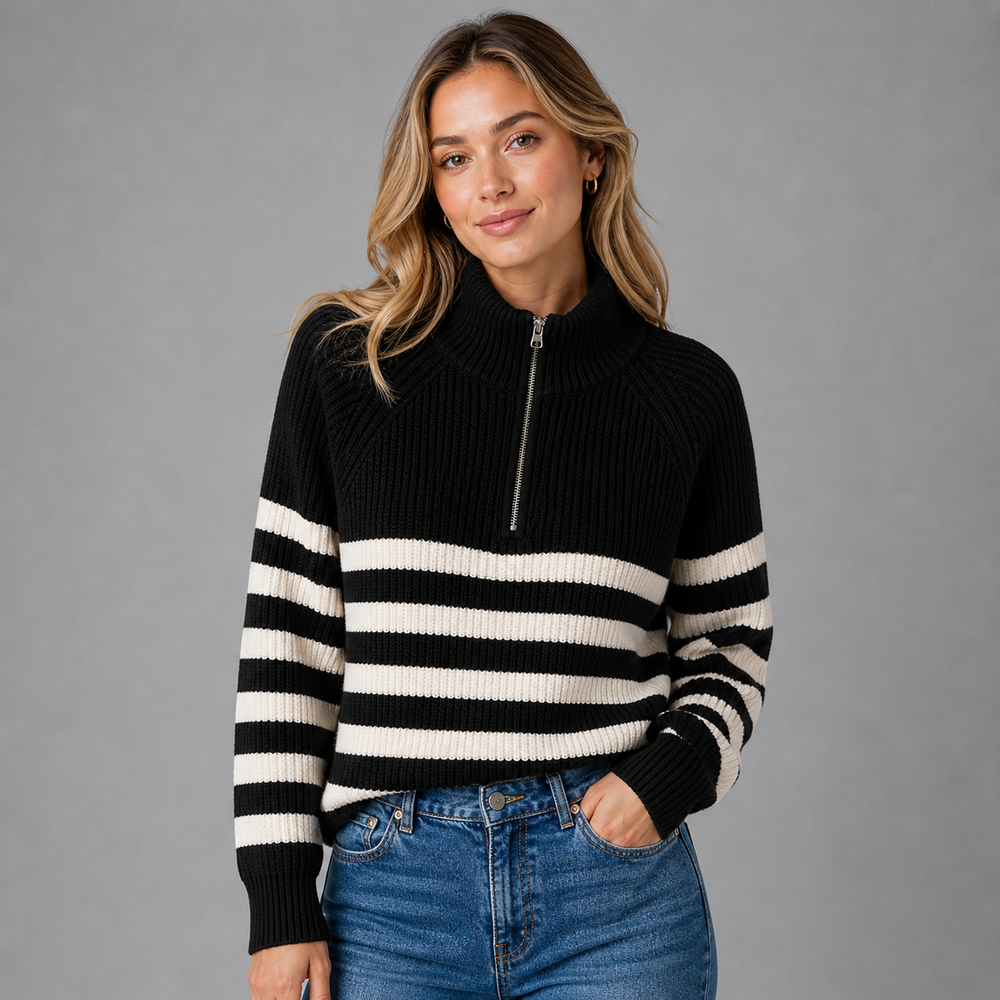 CILVELLA — Cashmere Blend Half-Zip Striped Sweater