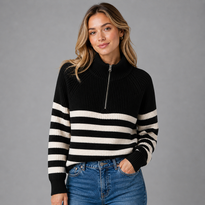 CILVELLA — Cashmere Blend Half-Zip Striped Sweater