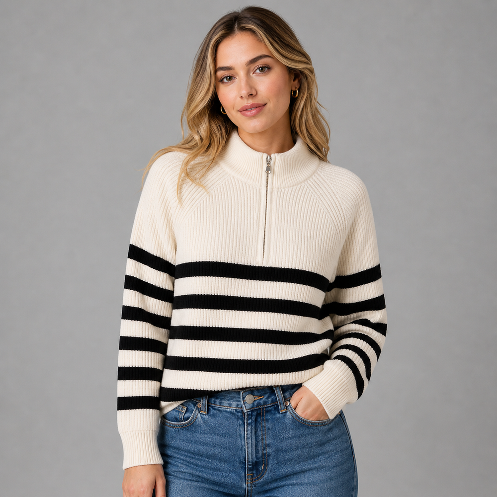 CILVELLA — Cashmere Blend Half-Zip Striped Sweater