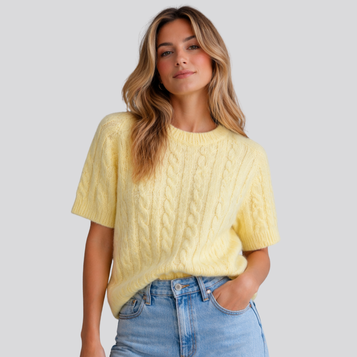 CILVELLA — Merino Wool Short Sleeve Cable Knit sweater