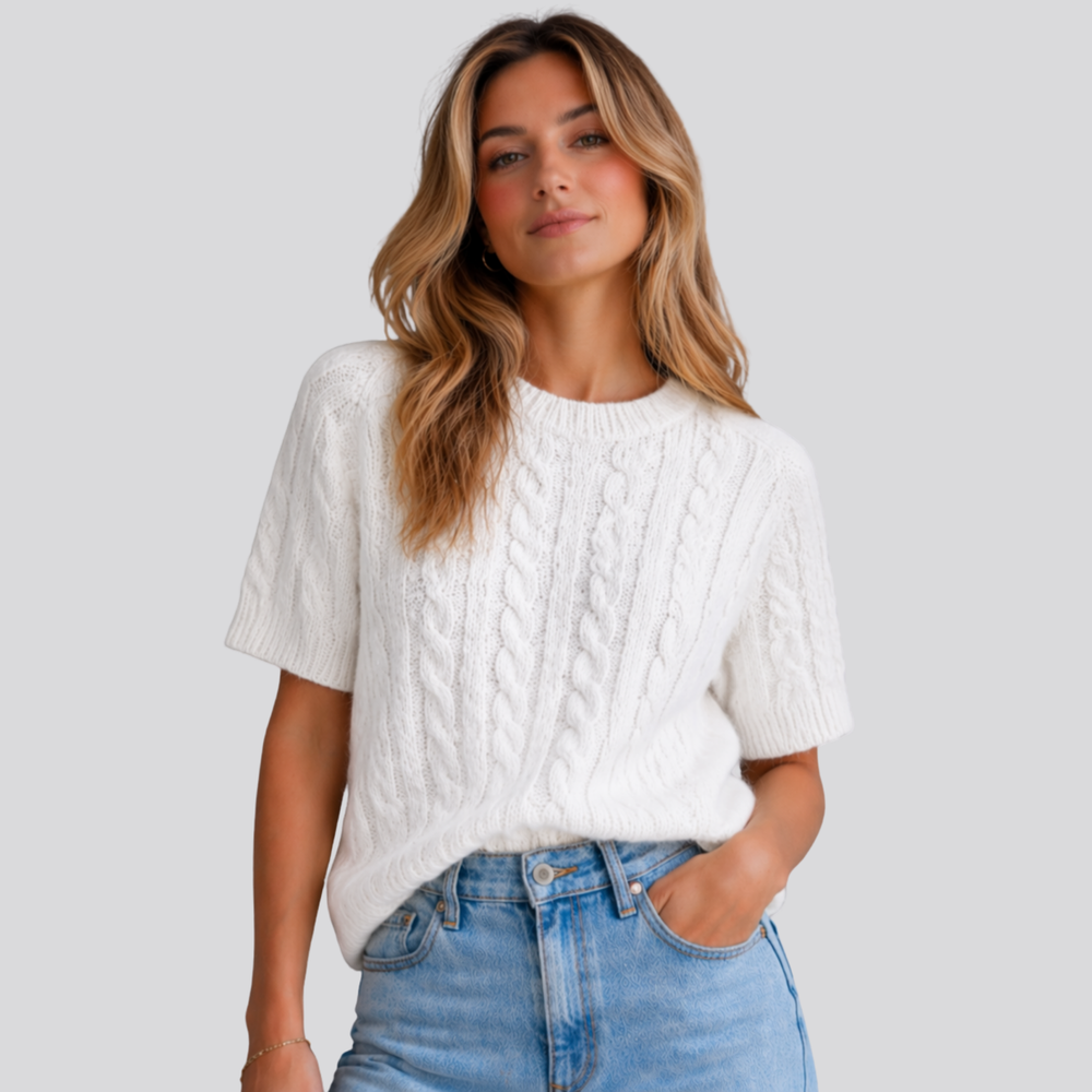 CILVELLA — Merino Wool Short Sleeve Cable Knit sweater